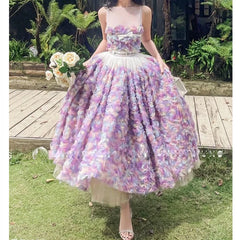 Lizakosht Purple Rose Flower Dress Women Summer Sleeveless Elegance Dresses Party Ladies Mesh Patchwork Vintage Clothing Female