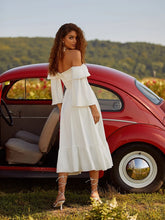 Summer Women'S Dress One Word Neck Slanted Shoulder Long Sleeve Fishbone Solid Color Dress Casual Pastoral White Backless Dress