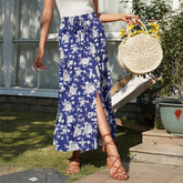 Lizakosht Summer Floral Blue Print Boho Sexy Long Skirt Women Bandage Fashion High Waist Frills Skirt For Women Plus Size Pleated Skirts