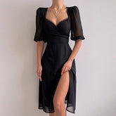 Lizakosht  Midi Dress Women Summer Elegant Sexy Split Fashionable French Low Cut Dress High Waist Low Cut Date Party Dress