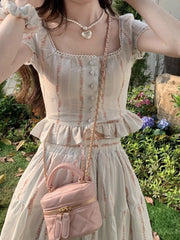 Lizakosht Summer Korean Ruffles Fairy 2 Pieces Set Vintage Women Square Collar Princess Kawaii Floral Print Blouse+High Waist Skirts Suits