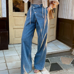 Lizakosht SuperAen Korea Chic Autumn Retro High Waist Irregular Buckle Design Fashion Wide Leg Jeans Pants Women