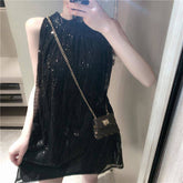 Korean Version of Nightclub Sequins Backless Hip Female 2022 Spring/Summer New Fashion Black Sexy Strap Dress Backless Sexy