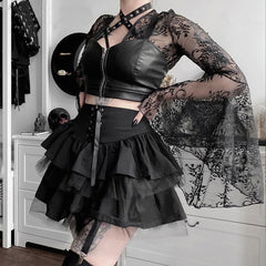 Lizakosht Mall Goth Lace-up High Waist Ruffles Skirts Punk Aesthetics Bandage A-line Lace Trim Black Tutu Skirt E-girl Outfits y2k skirt