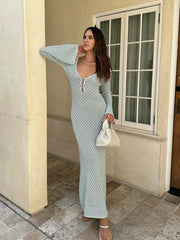 Lizakosht Casual Crochet Long Sleeve Backless Sexy V-Neck Bodycon Elegance Evening Dress Autumn Hollowed Out Beach Knit Long Dress