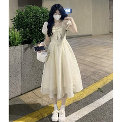 Lizakosht Square Neck Dress Feminine Bowknot Waist Closed Princess Skirt Bubble Short Sleeve Sundress Women Clothing Za Fashion Vintage