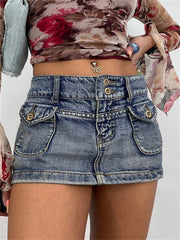 Lizakosht Vintage Y2k Denim Skirt Women Grunge Fairy Mini Jean Skirts Cyber Pockets Punk Retro Clubwear Hippie Blue Straight Short Skater