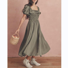 Lizakosht Vintage clothes dress elegant midi dresses short sleeve square neck dress puff sleeve shirred dresses for women Summer