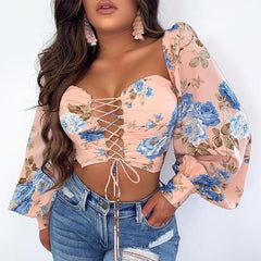 Lizakosht Women Elegant Fashion Summer Top Casual Floral Plunge Long Sleeve Cropped Blouse Floral Drawstring Lace-up Blouse