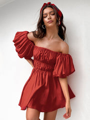 Cotton Puff Sleeve Slash Neck Women's Dress Brick Red Fold A-line Dresses Ladies 2022 Summer Elegant Mini Female Vestidos