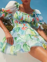 Lizakosht Summer Chiffon Dress New Square Neck Puff Sleeve Printed A-Line Short Dress Free Shipping