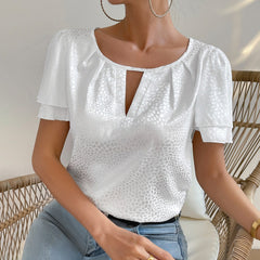 Lizakosht Summer New Women Elegant White Color Shine Top Double Lotus Sleeve Short Sleeve Crewneck Casual Elegant Lady T-Shirts Tops