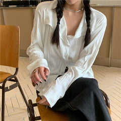 White Blouses Women Elegant Shirt Female Aesthetic Y2k Harajuku Pleated Chic Long Sleeve Top Ladies Loose Korean Vintage