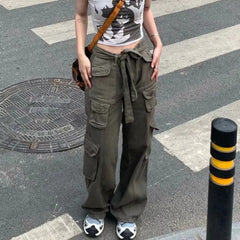Lizakosht New Cargo Pants Y2K Women Vintage Elastic High Waist Big Pockets Trousers Streetwear Hip Hop Drawstring Retro Baggy Jeans ins