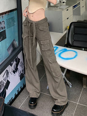 Khaki Baggy Cargo Pants Women Vintage Loose Pants Packet Y2k Wide Leg Denim Trousers Fashion Streetwear Jeans Korean Summer 2022