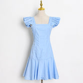 Lizakosht Vintage Square Neck Butterfly Sleeve Ruffle Mini Dress Summer Short Sleeve Puff Pleated Elegant Mini Dresses Party Club Beach