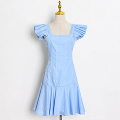 Lizakosht Vintage Square Neck Butterfly Sleeve Ruffle Mini Dress Summer Short Sleeve Puff Pleated Elegant Mini Dresses Party Club Beach