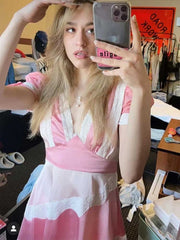 Lizakosht color-blocked pink party dress lace trim sexy women dress new spring summer dres Satin elegant ladies dress