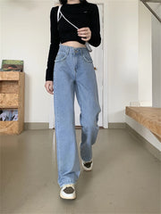 Lizakosht Women's Burr Edge Design Blue Jeans Fashion Cool American Casual High Waist Straight Trousers Female Vintage Wide Leg Pants