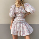 Lizakosht New Summer Fashion Ladies Square Collar Lace Temperament Commuter Puff Sleeve French Retro Lace Short Skirt Printed Dress