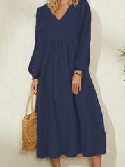 Lizakosht Summer Spring Solid V Neck Lantern Sleeve Dress Elegant Casual Loose Cotton Linen Party Dress Women Office Commute A-Line Dress