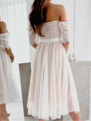 Elegant High Waist Hollow Out Party Long Dress Summer Solid Off Shoulder Lace Dress Women Fashion Slash Neck Mesh Dress Vestidos