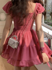 Lizakosht Women Rose Red Sweet High Waist Mini Dress Female Y2k Square Collar A-line Ruffle Holiday Dress Botton Solid Prom Dress