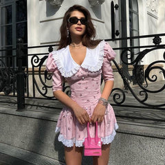 Lizakosht Summer Elegant Corset Party Dress for Women Y2K INS Sexy Short Puff Sleeve V Neck Lace Pleated Party Princess Dress