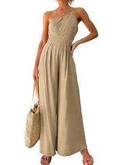Lizakosht Summer Solid Cotton Linen One Shoulder Jumpsuit Women Elegant Casual Wide Leg Pant Romper New Chic Fashion Playsuit Streetwear