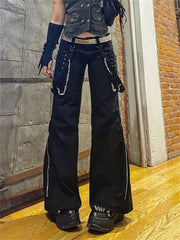 Lizakosht Gothic Alt Black Cargo Pants Chain Rock Punk Cyber Techwear Trousers Womem Low Waist Jogger Tie Up Wide Leg Pants Cyberpunk Pant