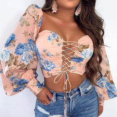 Lizakosht Women Elegant Fashion Summer Top Casual Floral Plunge Long Sleeve Cropped Blouse Floral Drawstring Lace-up Blouse