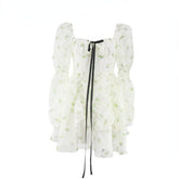 Lizakosht Summer Sweet Floral Midi Dress Long Sleeve Elegant Short Party Dress Woman Casual Vintage One Piece Dress Korea Fashion Bow