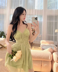 Lizakosht Solid Drawstring Asymmetrical Dress Holiday Casual Vintage V-Neck Sleeveless A-Line Mini Dresses For Women 2022 Summer