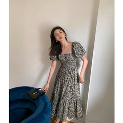 Lizakosht Korean Fashion Floral Maxi Dresses Puff Sleeve Sexy Low Cut Beach Long Dresses Elegant Casual Ladies Women Dresses Summer
