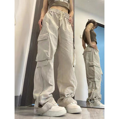 Retro Couples Straight New Oversized Pocket Cargo Pants Girls Casual Pants Streetwear Wide Leg Pants Apricot Cargo Pants