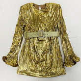 Lizakosht Pleated Mini Dress with Belt Silver Gold 2022 New Designer BLING BLING Shiny Long Flare Sleeve Fashion Party Summer Dress