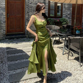 Lizakosht Imitation Acetate Satin Suspender Dress Long Dress Summer Mermaid Tail Large Hem Ruffled Holiday Dress