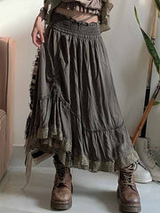 Lizakosht Long Skirt Vintage A-line Lace Splice Low Waist Maxi Skirts for Women Casual Country Style Summer Clothes Fashion
