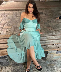 Lizakosht Summer Women'S Suspender One-piece Collar Slanted Shoulder Ruffle Top Tight-fitting Irregular Blue Mesh Skirt Dress Two-piece