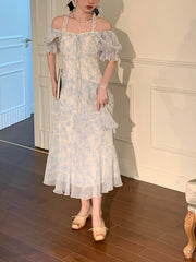 Lizakosht Summer Elegant Floral Print Ruffle Dress Women Puff Sleeve Fairy Party Lady Holiday Beach Blue Chiffon Dress