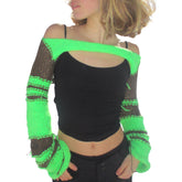 Color Contrast Knitted Crop Tops Women Summer Fall Long Sleeve Casual Pullover Sweaters Female Knitwear