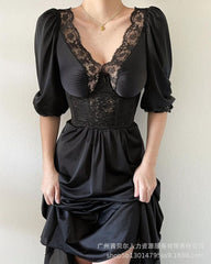 Lizakosht Summer Fashion Solid Color Lace Pleated Stitching Ruffle Dress Women's Dress Women's Short Puff Sleeve V-neck High Waist Dress