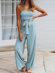 Lizakosht Elegant Hollow Lace-up Wide Leg Pants Jumpsuits 2022 Women Sexy Sleeveless Wrap Rompers Casual Solid Pockets Office Lady Rompers