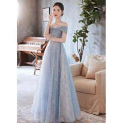 Elegant Blue Evening Dress 2022 new Off The shoulder Exquisite Appliqué Tulle Floor-length A-line Homecoming Gonws