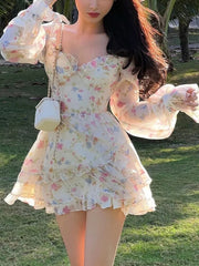 Gypsylady Floral Printed Chic Mini Dress Beige Smocked Summer Women Dresses Lantern Sleeve Backless Sexy Holiday Ladies Vestidos