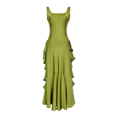Lizakosht Imitation Acetate Satin Suspender Dress Long Dress Summer Mermaid Tail Large Hem Ruffled Holiday Dress