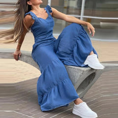 Lizakosht Summer Sling Romper Office Fashion Flying Sleeve Solid Long Jumpsuit Chic Women One Shoulder Flare Wide Leg Pants Overall