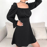 Lizakosht Retro Square Collar Ruffle Lace Up Autumn Winter Long Sleeve Women Dresses Mujer Vestido
