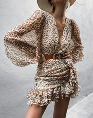 Lizakosht Spring and Autumn Dress Minority Chiffon V-neck Long Sleeve Fold Waist ruffled skirt Holiday Dress