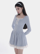 Lizakosht Sweet Dresses Women Summer Long Sleeve Lace Trim Square Collar Lace-up A-line Chic Fashion Mini Dress for Kawaii Girls